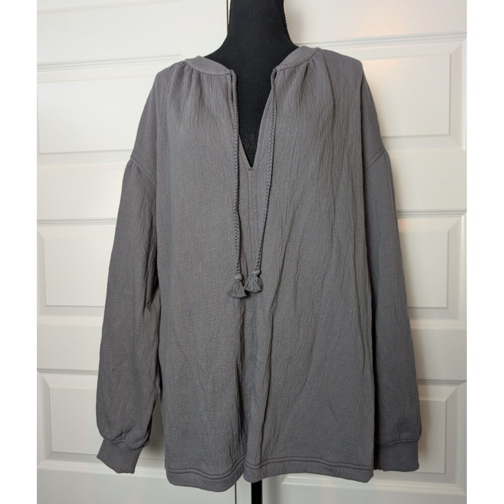 NWOT Aerie Size M Easy Street Gauze Sweatshirt Tassel Tie Grey Oversized Boho - Picture 2 of 11